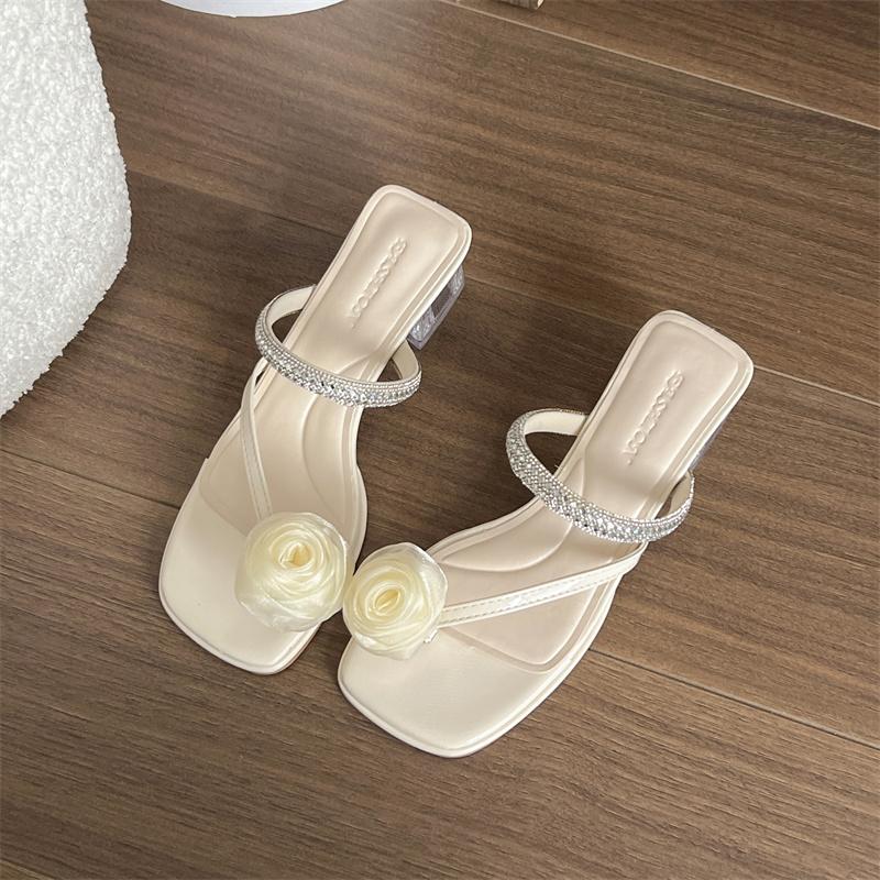 French Thick-heeled Sandals for Women To Wear In Summer, Paired with Skirts, Rhinestone Fairy High Heels and Flip-flops