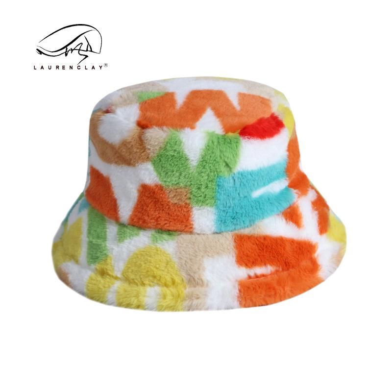 Hat Women's Autumn and Winter New Digital Printing Bucket Hat Women's Imitation Rabbit Fur Versatile Thermal Basin Hat