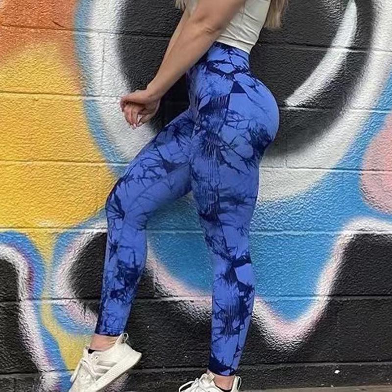 Pantaloni de Yoga pentru Femei cu Talie Înaltă Peach Tie-Dye - Leggings Fitness fără Cusături cu Uscare Rapidă pentru Fesieri