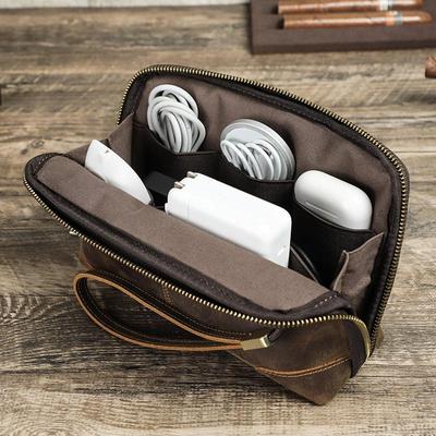 Bolsa de almacenamiento electrónico de cuero genuino, estuche para auriculares con Cable de datos USB, accesorios para móviles, bolsa organizadora de viaje Digital