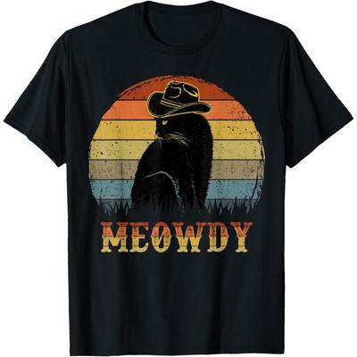 Miaudi Western Cowboy Katze T-Shirt Herren Damen Lustiges Schwarze Katze T-Shirt