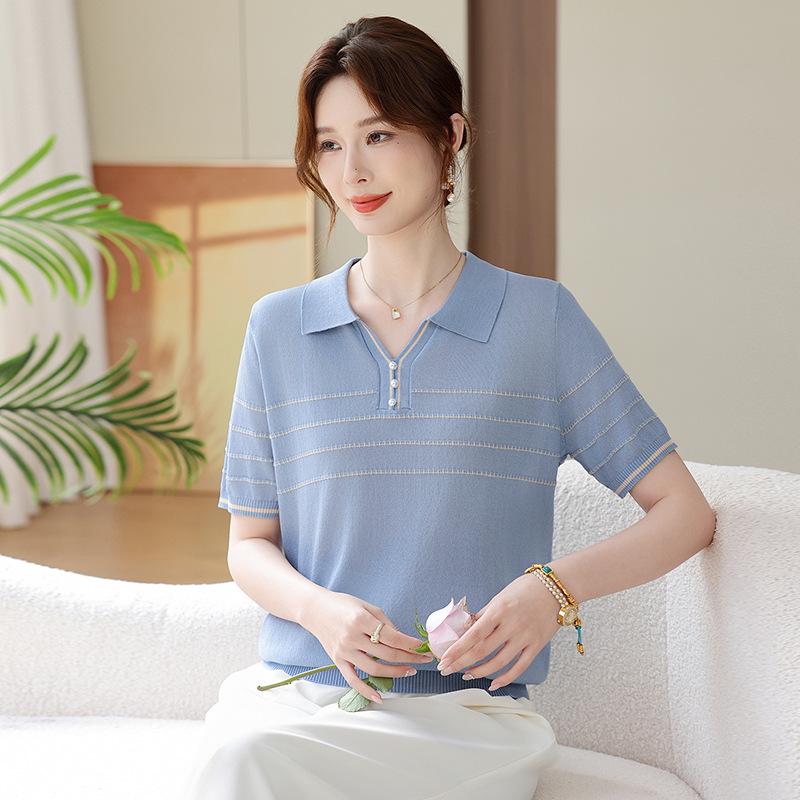 

Mom s Summer 2026 Fashion: Ice Silk Knitwear, Short Sleeve Top for Middle-Aged & Elderly Women 3XL (120-135 lbs) синий