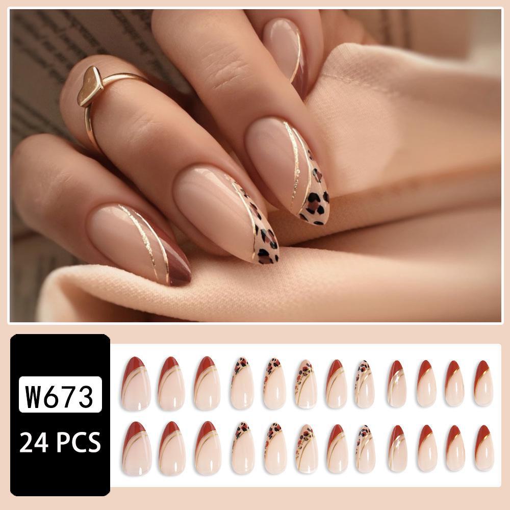 Almond Gold Line French Nail Stickers - Coffee & Leopard Print Fake Nails