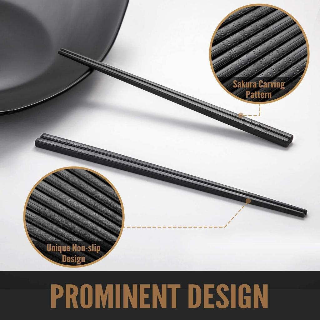 HIWARE 10 Pairs Fiberglass Chopsticks - Reble Chopsticks Dishwasher Safe, 9 1/2 Inches - Black