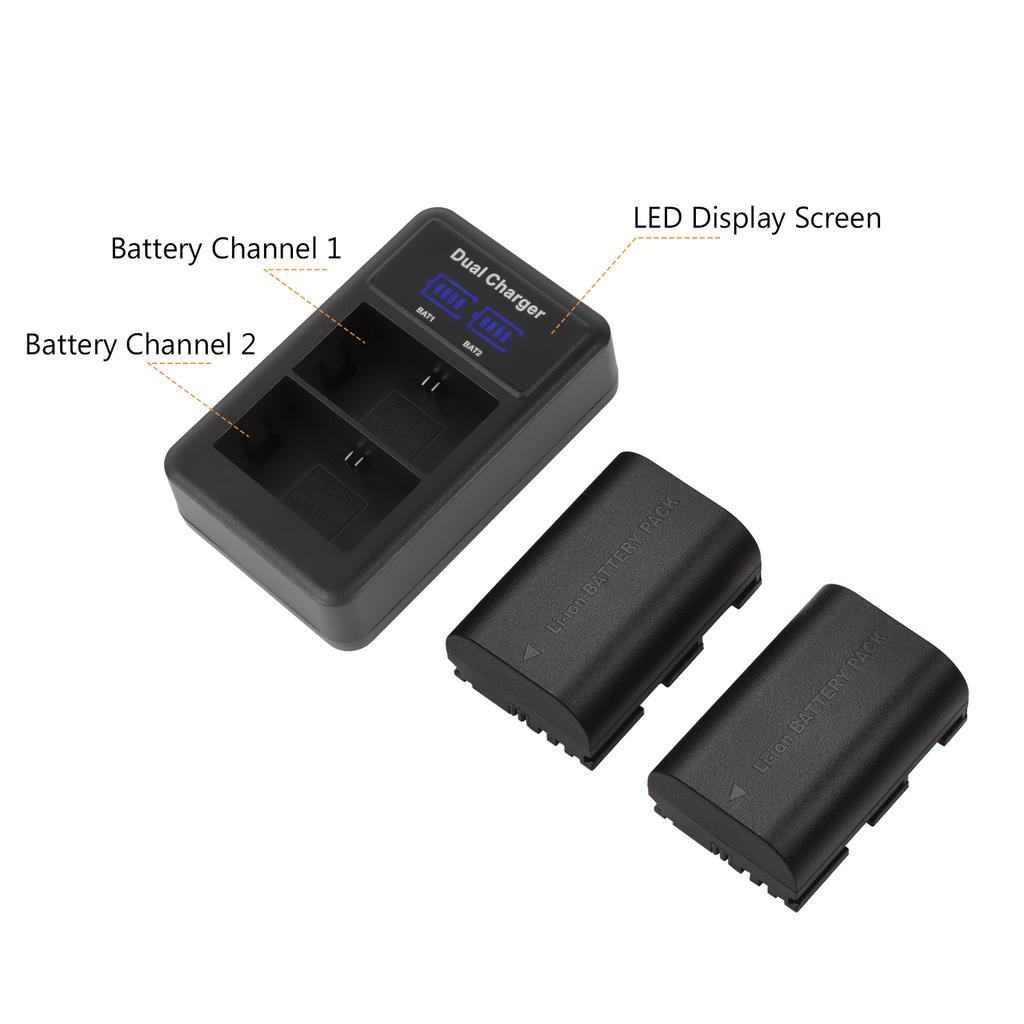 LP E6 E6N Battery and Charger Kit 2pcs 7.4V 2650mAh Battery with 1pc LED2 LPE6 Dual Channel Camera Battery Charger USB