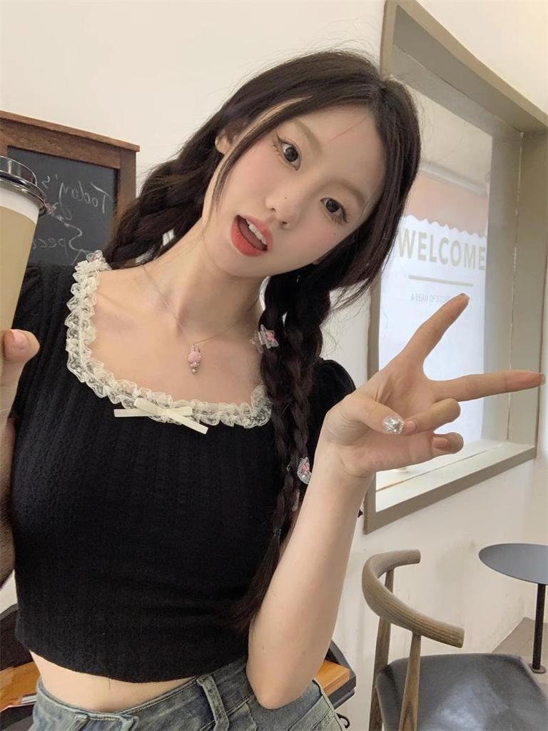 Women's Summer 2025 Square Neck Lace Short Sleeve Ballet Style Slim Fit T-Shirt