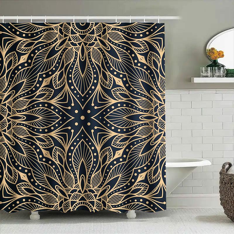

Luxury Bath Shower Curtain Decorative Fabric Waterproof Home Decoration Dark Navy Gold Leaf Print Round Bottom (180X245Cm) Aliex W60H190(CM)-1 Pcs