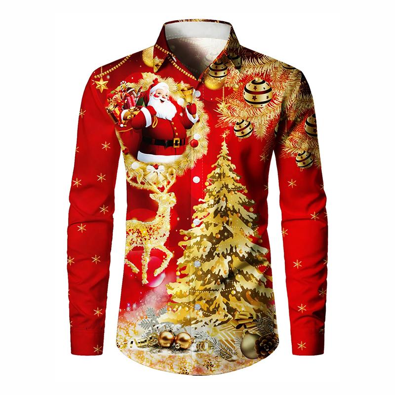 Funny Santa Claus Christmas Holiday Long Sleeve Shirt For Men Clothes Family Party Fun Casual Button Shirts Xmas Fashion