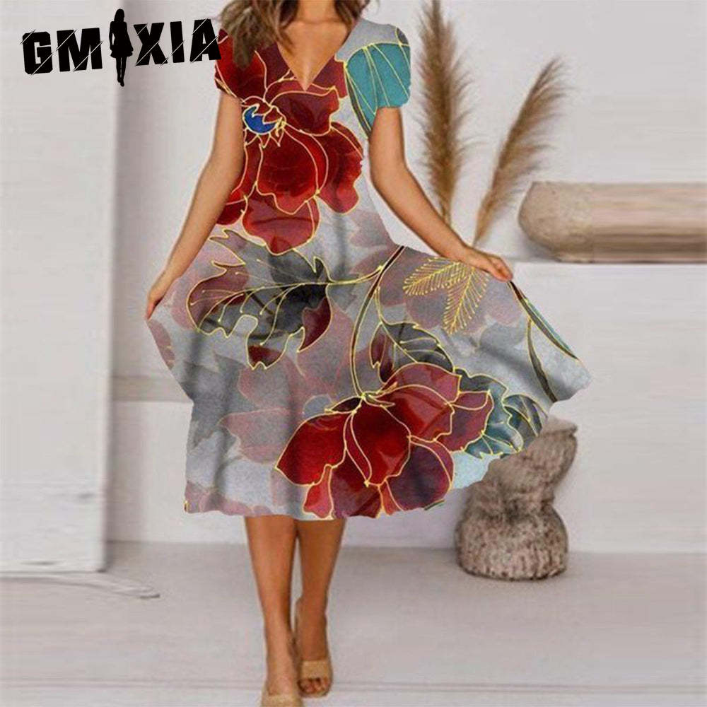GMXIA Plus Size V Neck Midi Dress Short Sleeve High Hem Casual Colorful Floral Print Dress