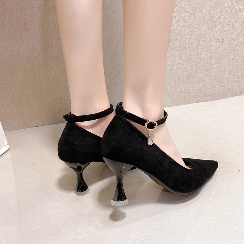 Fashion Versatile High-heeled Flats 2024 New Style 7cm Fine Track Cat's Paw Pointed Toe Single Shoe Women's Shallow Sole Summer Shoe