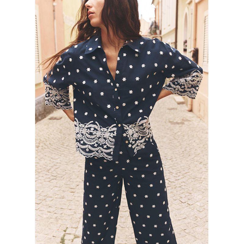 Embroidered High Waist Wide Leg Casual Trousers 3584837 Print Embroidered Trendy Casual Shirts 2435837