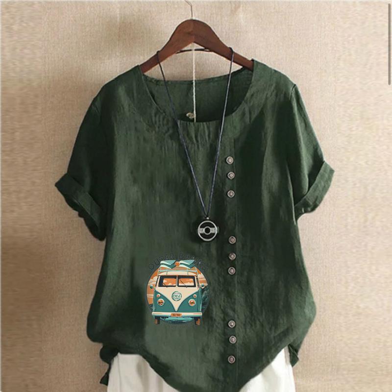 Damenmode Tourenwagen bedruckt Rundhals Kurzarm T-Shirt Lässig Baumwolle Leinen Grafikshirt Freizeit Locker Sommerbluse Tops