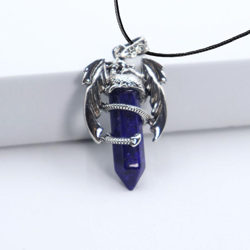 Animal Dragon Man Necklace Natural Gem Stone Healing Pink Quartz Hexagonal Crystal Pendant Vintage Jewelry for Women Gift