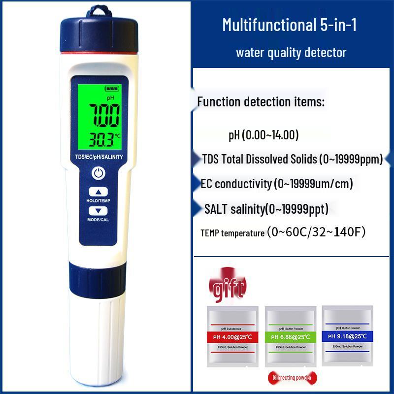 5-in-1 Water Quality Tester: Salinity, pH, Temperature, TDS Multifunctional Meter