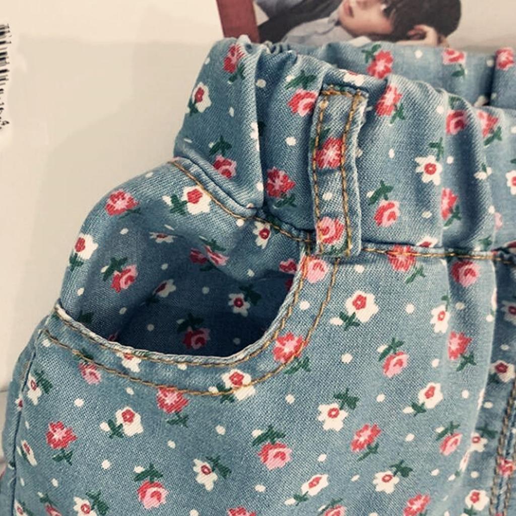 Girls' Flared Sleeve Denim Print Set Fashion Top And Shorts Two-Piece Set