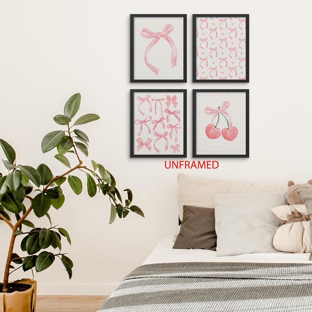 Hxlac Pink Bow Coquette Wall Art Prints Set of 4 Unframed - Pink Preppy Wall Decor, Coquette Preppy Aesthetic Bow Cherry Teen Girl Dorm Room Decor,