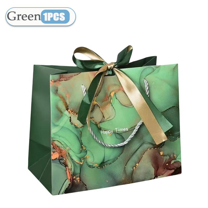Large Marble Tote Bag with Green Gold Ribbon Bow Durable Storage Shopping Bag for Wedding Birthday Party Bridesmaid Gift Use