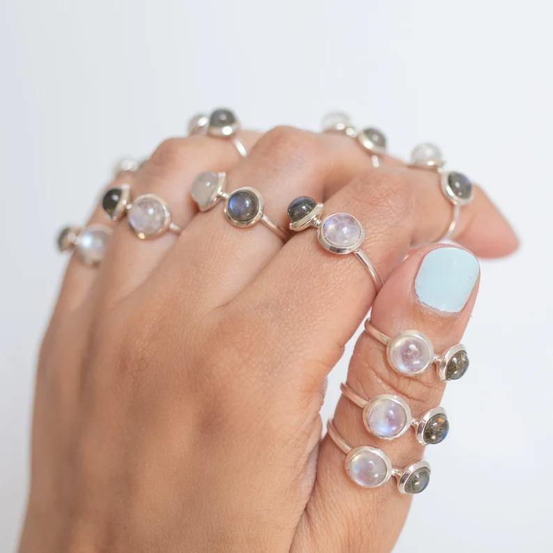 Labradorite Moonstone Round Gemstone Ring, Cabochon Ring, 925 Sterling Silver, Birthstone Ring, Stackable Ring, Christmas Gift