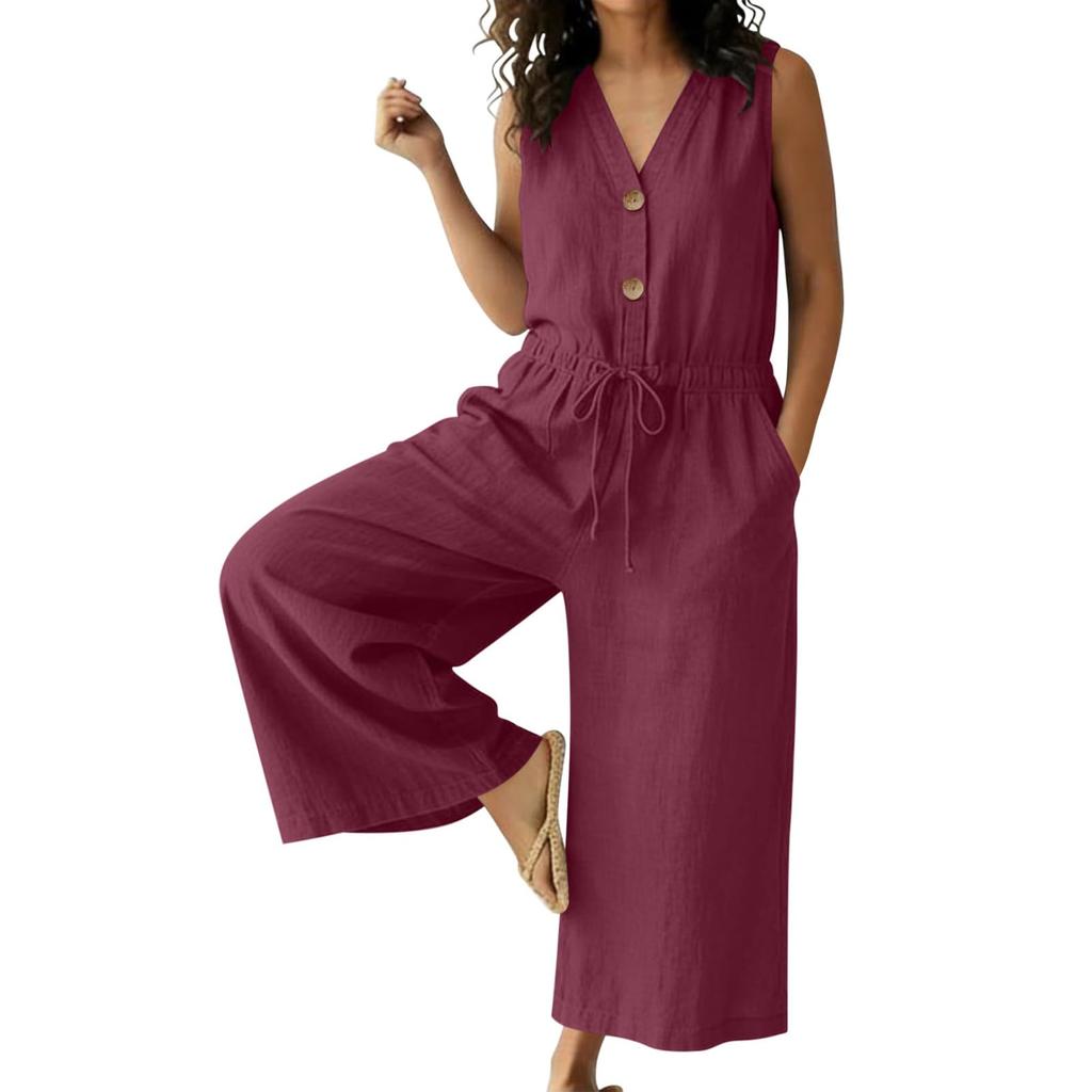 Women Button Down Sleeveless Rompers Wide Legs Cotton Linen Rompers With Pocket