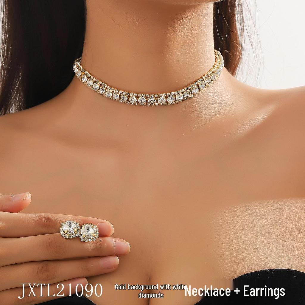 European & American Green Blue Choker Necklace & Stud Earrings Set for Women - Ideal for Weddings & Evening Dresses