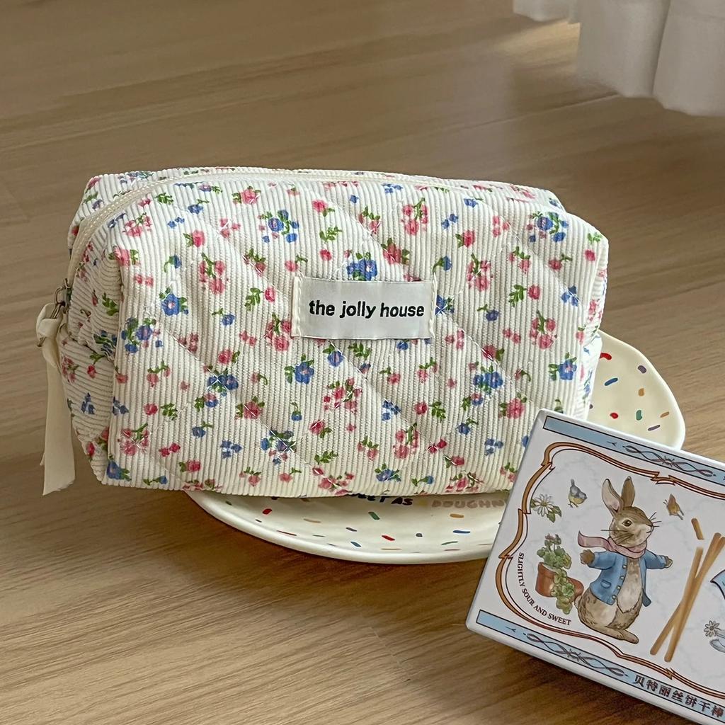Blumig Süß Damen Aufbewahrungstaschen Retro Corduroy Damen Kosmetiktasche Reise Tragbar Weibliche Make-up-Tasche Clutch Handtaschen