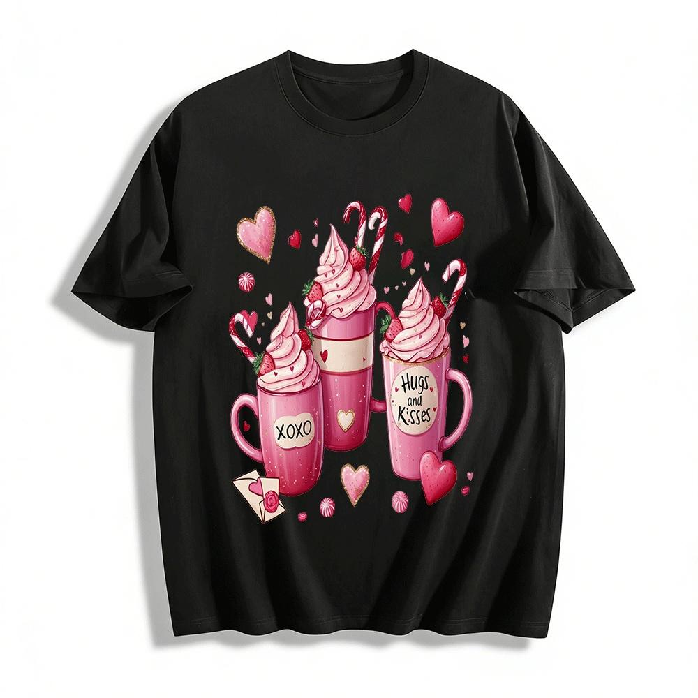 Valentine s Day Pink Mugs XOXO Hugs Kisses Print Top Pure cotton T-shirt XXS