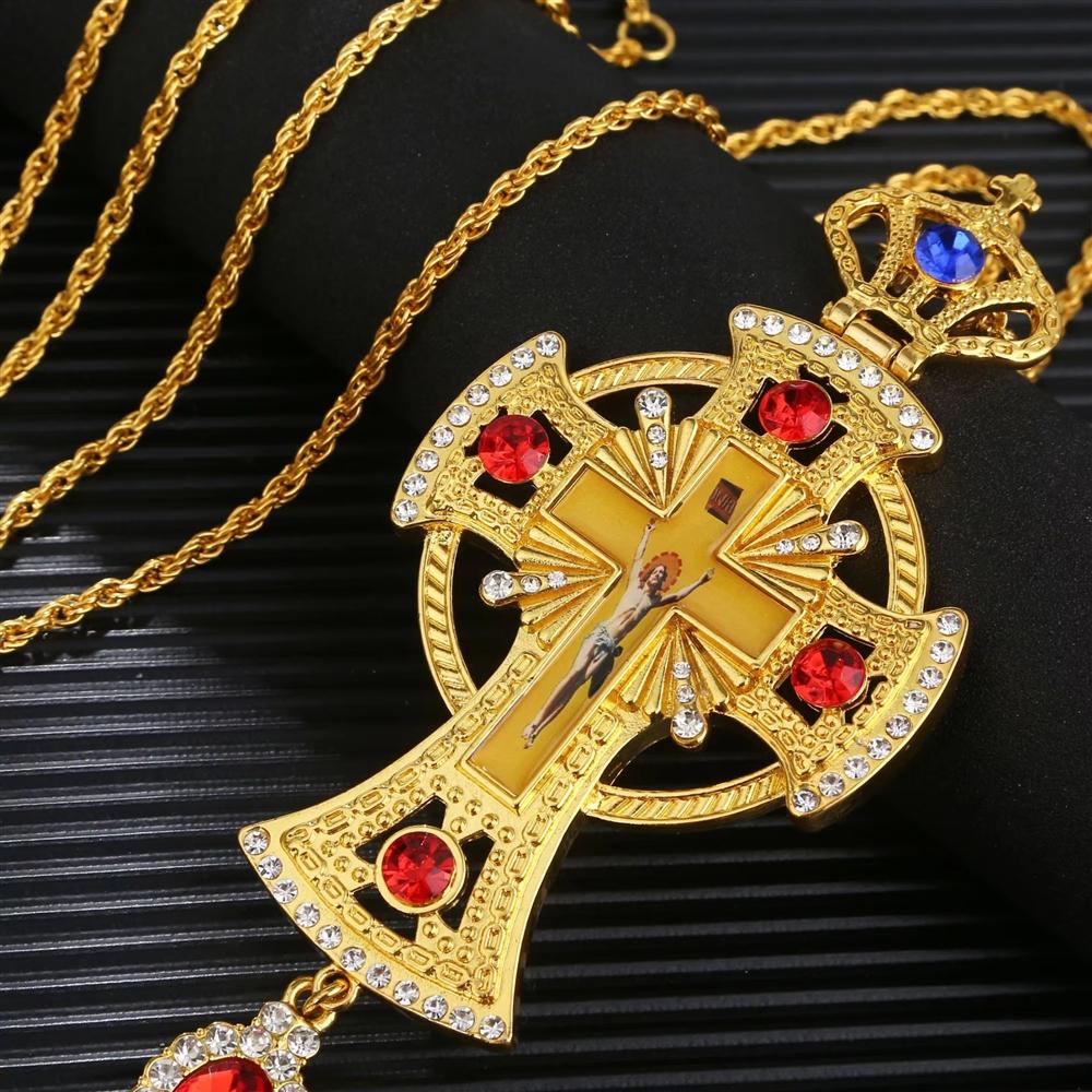Orthodox Pectoral Cross Necklace Pendant Christian Episcopal Gold Plated Alloy Jesus Icons Gold Sweater Chain Chains