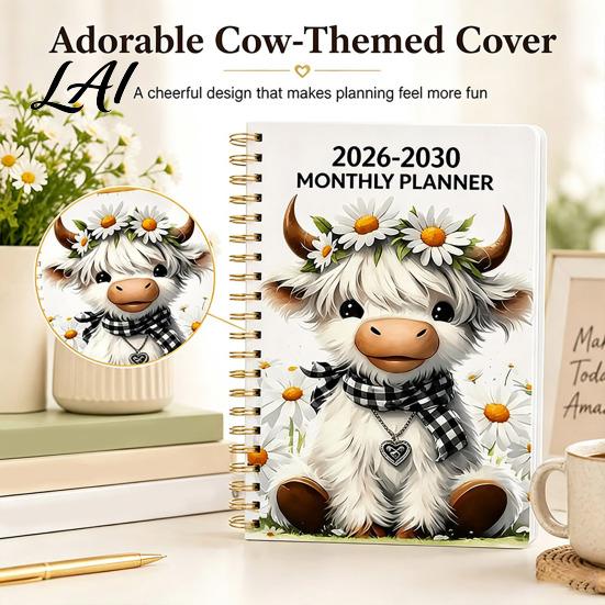 Organized Life Planner for Students 2026‑2030 5‑Year Monthly Planner Cute Highland Cow Cover Calendar Notebook Gift Lovers Planners 60