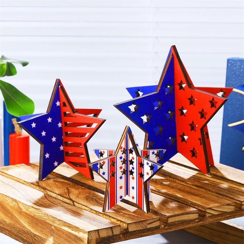 4th of July Wooden Star Ornaments Set of 6 - Patriotic Wood Table Decorations for Independence Day Party Theme