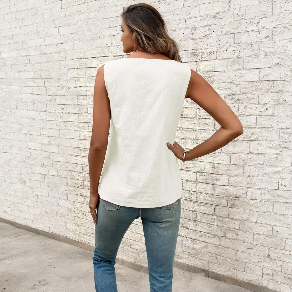 Women's Casual Fashion Sleeveless Button-Down Top Vest T-Shirt