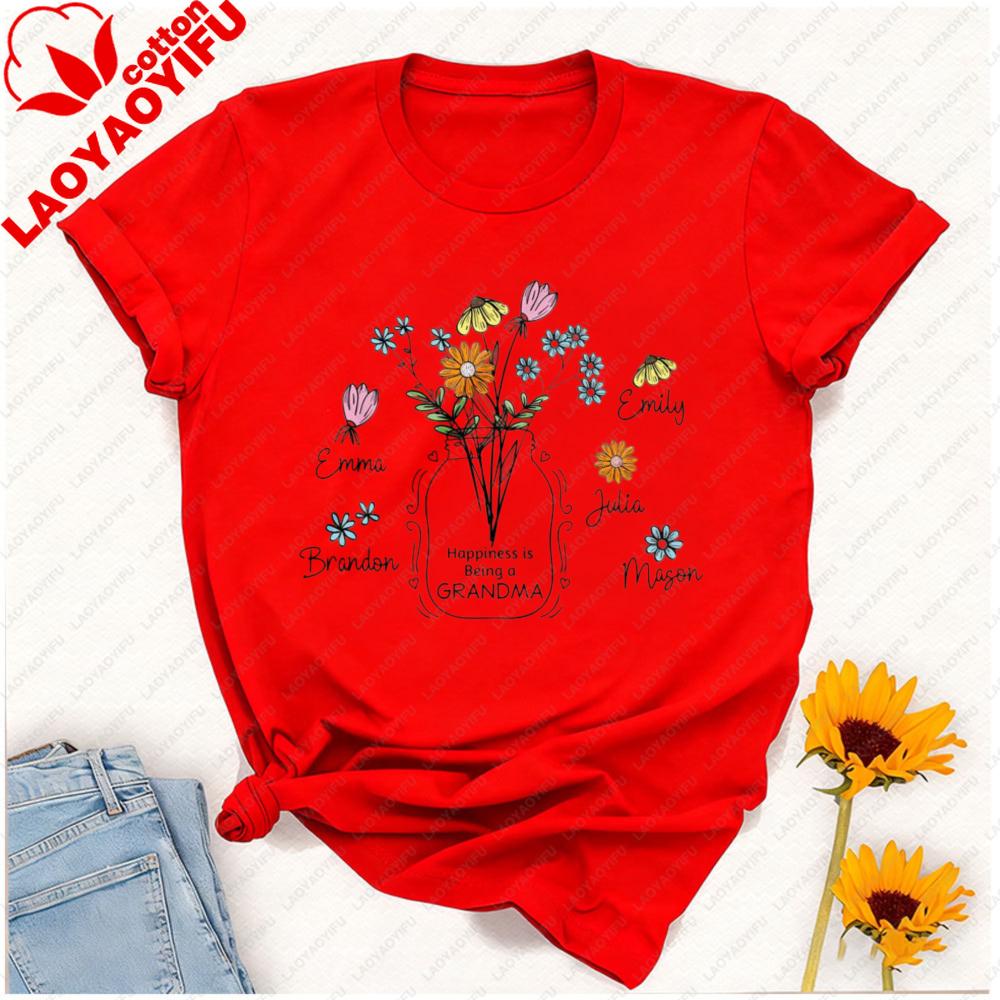 Custom Floral Grandma Nana Cotton TShirt with Grandkids Name Gift for Grandma Mothers Day Tee Personalized Grandma Shirt Tops