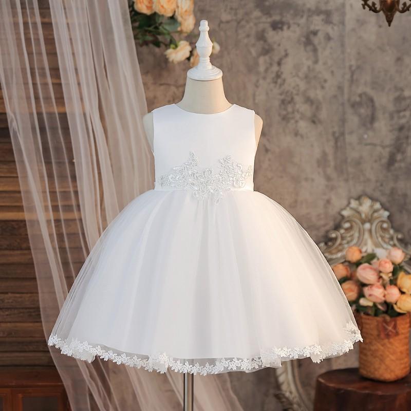 Girls Princess Tulle Dress Lace Trim White Party Wedding Gown Kids 4-8 Y.O.