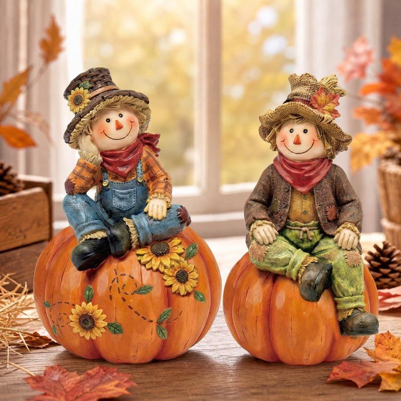 2 Herbst Vogelscheuche Holz Tischdekorationen für Thanksgiving, Kürbis Ahornblatt Esstisch, Kamin Bücherregal Dekoration
