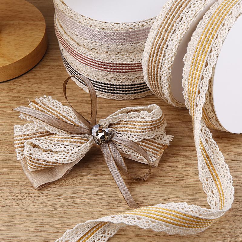 35mm width Stripe Ribbon With White Lace Edge For Hair Bow Accessories Craft Sewing Wedding Supplies Cloth Gift Flower Wrapping