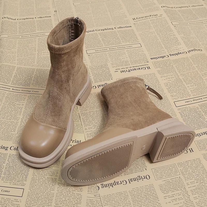 Mode Schuhe für Damen 2024 Heißer Verkauf Reißverschluss Damenstiefel Herbst Runde Zehenpartie Uni Flock Plateau Wasserdicht Kurzer Schaft Westernstiefel