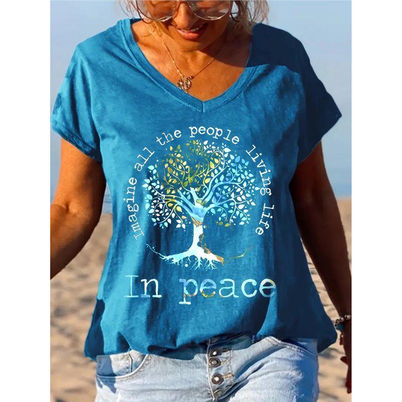 

Женский топ с V-образным вырезом, коротким рукавом и европейским и американским принтом, 2024 Large синий