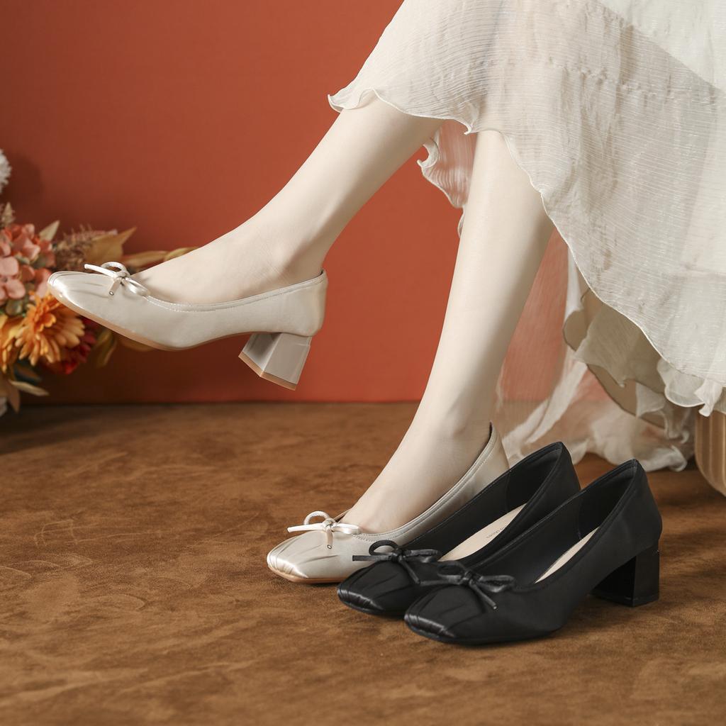 Butterfly Satin French Ballet Shoes 5cm Square Head Shallow Mouth Single Shoes Women, New High Heels Thick Heels Are Not Tired