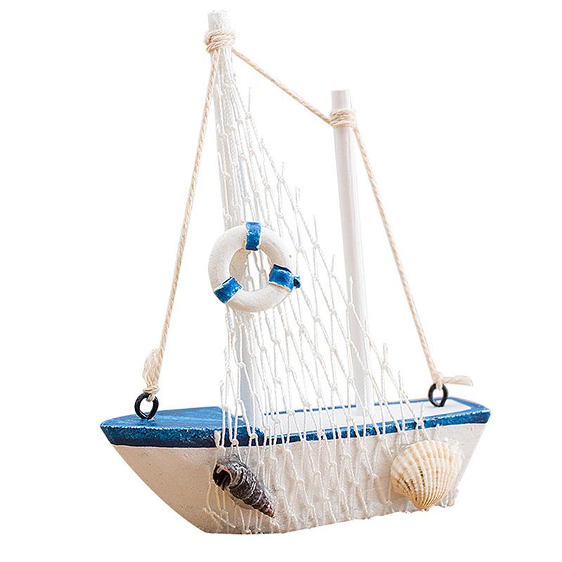 Mini Mediterranean Style Marine Nautical Wooden Blue Sailing Boat Ship Wood Crafts Sea Ornaments Party Room Home Decoration