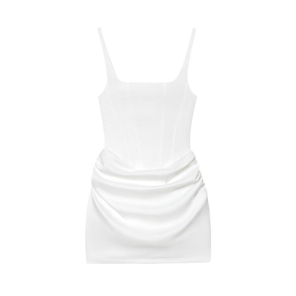 Women's Square Neck Sleeveless Mini Dress Slim Fit Side Ruched Solid Polyester Spaghetti Strap Club Bodycon Dress