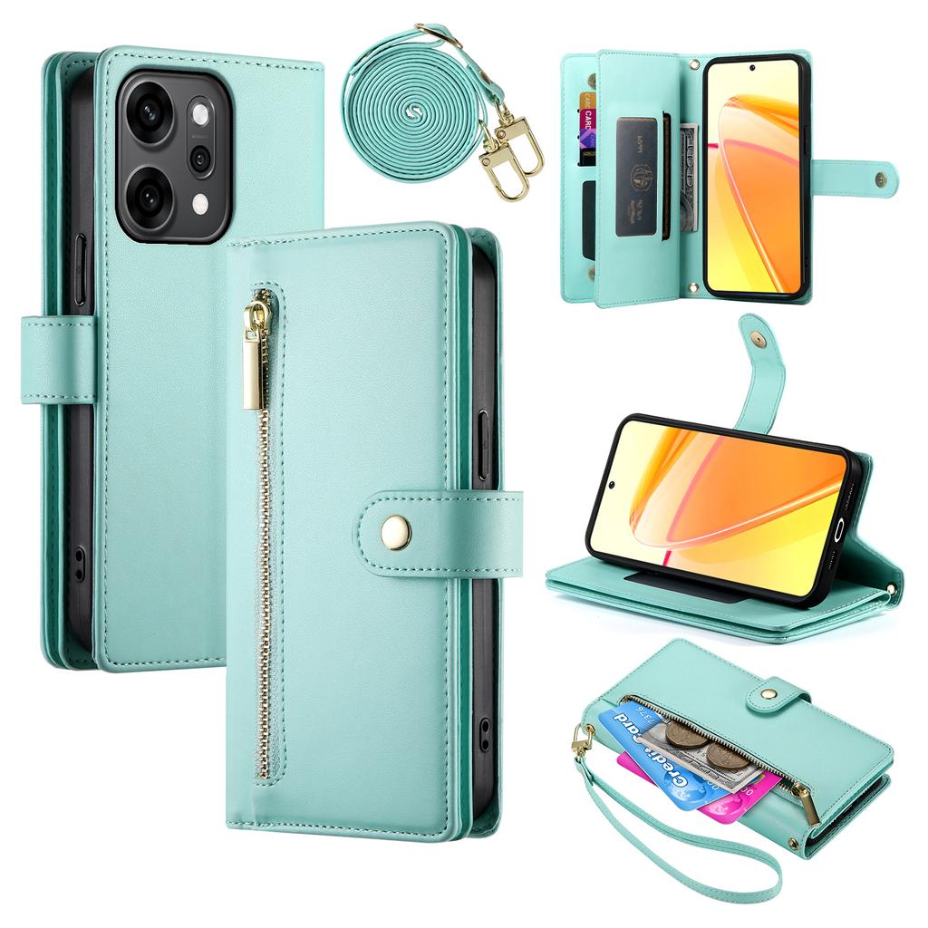 For Oppo Reno14 Pro 5G (Global) Case Zipper Pocket Wallet Leather Phone Cover with Straps