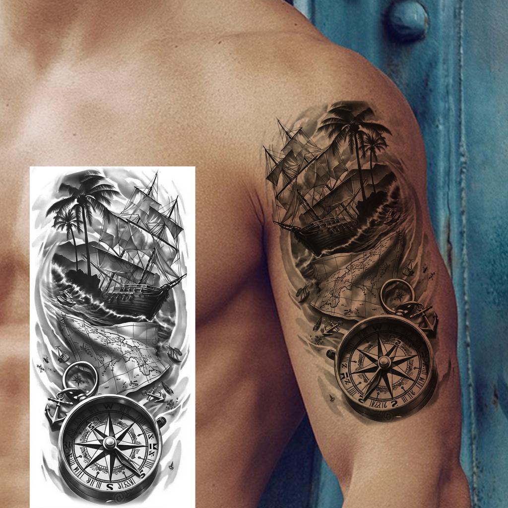 1 Sheet Compass Pirate Ship Temporary Tattoos For Women Men Adults Waterproof Tattoo Sleeve Self Adhesive Forearm Arm Leg Body