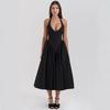 French Retro Deep V-neck Sexy Neck Strap Stitching Pleated Waist Dress Vacation Black Dress Long Dress