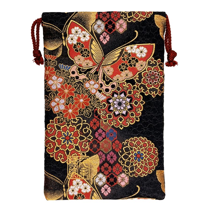 

Senshishuin Nishijin Brocade Drawstring Bag (Lined) - Red Night Butterfly Flower Design, Medium Size