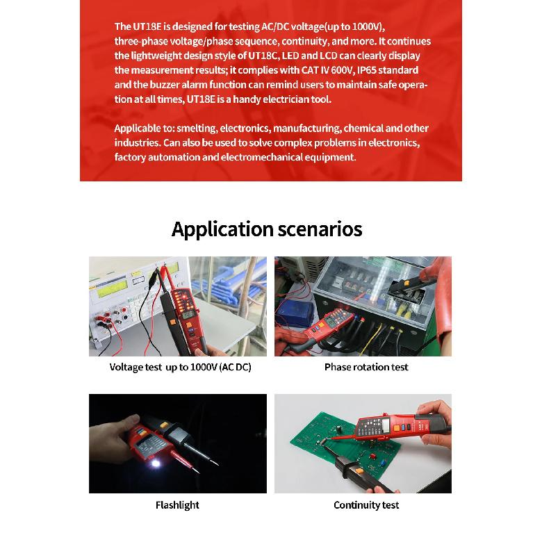 UNI-T UT18E 1000V AC DC Digital Voltmeter Continuity Tester Phase Sequence Test Voltage Indicator Frequency Meter LCD Display