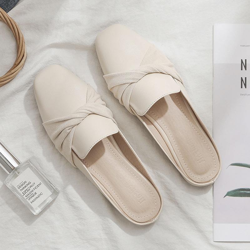 Spring and Summer New Bag Head Large Size Slippers Bag Head Half Slippers Flat Bottom Fashion Versatile Bow Single Shoes Women