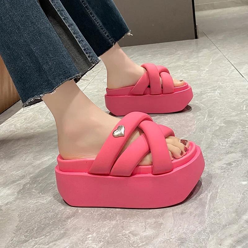 Summer 2023 Chunky Sandals Women's Thick Bottom Wedge Heels Slides 8CM High Heels Platform Leather Casual Beach Flip Flops Woman