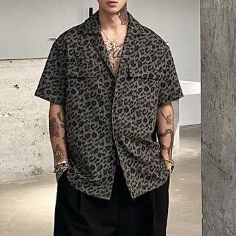 Herren Kurzarmhemd mit Leopardenmuster Kubanischer Kragen Oversized Lässig Streetwear Für Tägliche Partykleidung