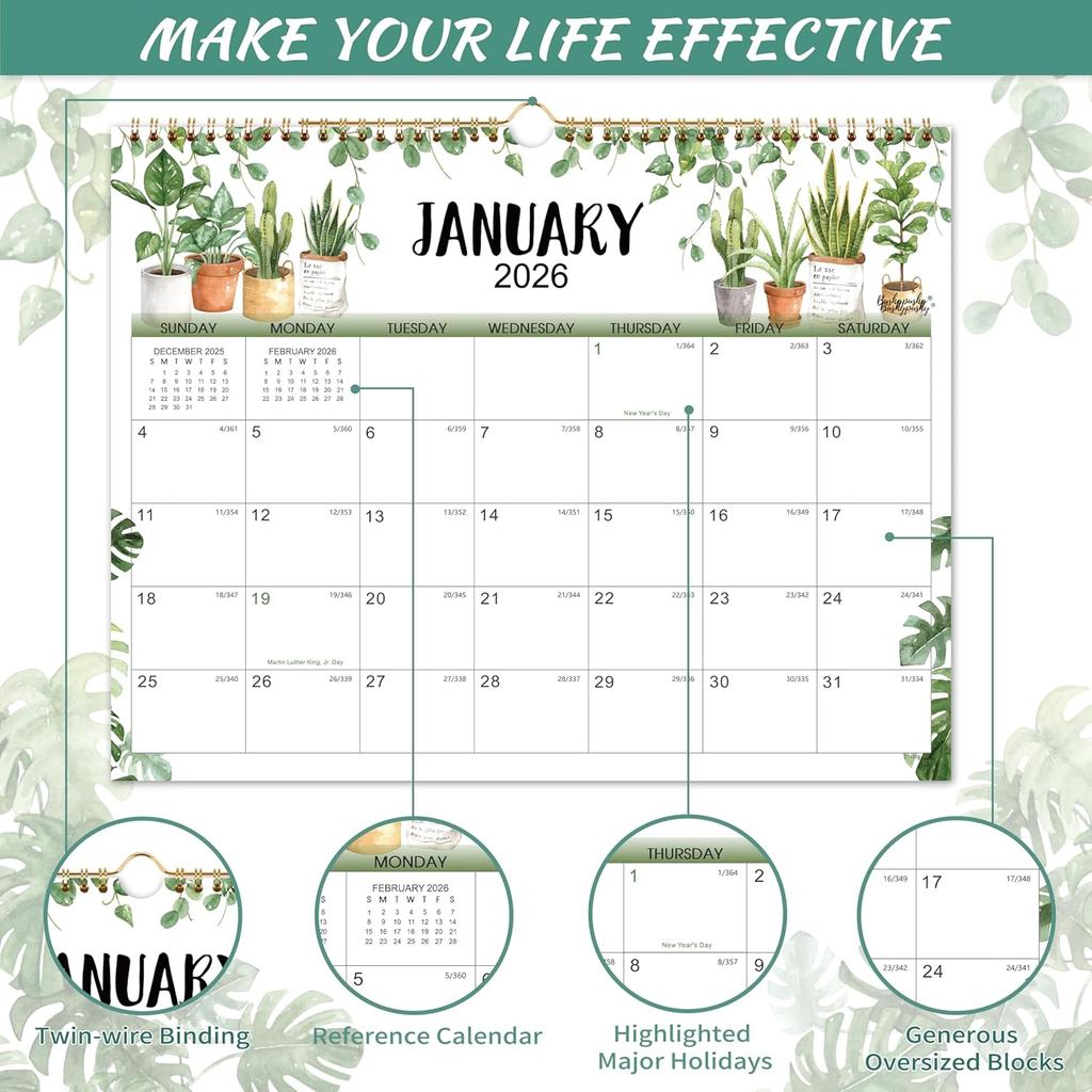 2026 Calendar - 2026 Wall Calendar, Jan. 2026 - Dec. 2026, 12-Month Calendar, 15" x 11.5", Twin-Wire Binding + Hanging Hook + Thick Paper + Unruled