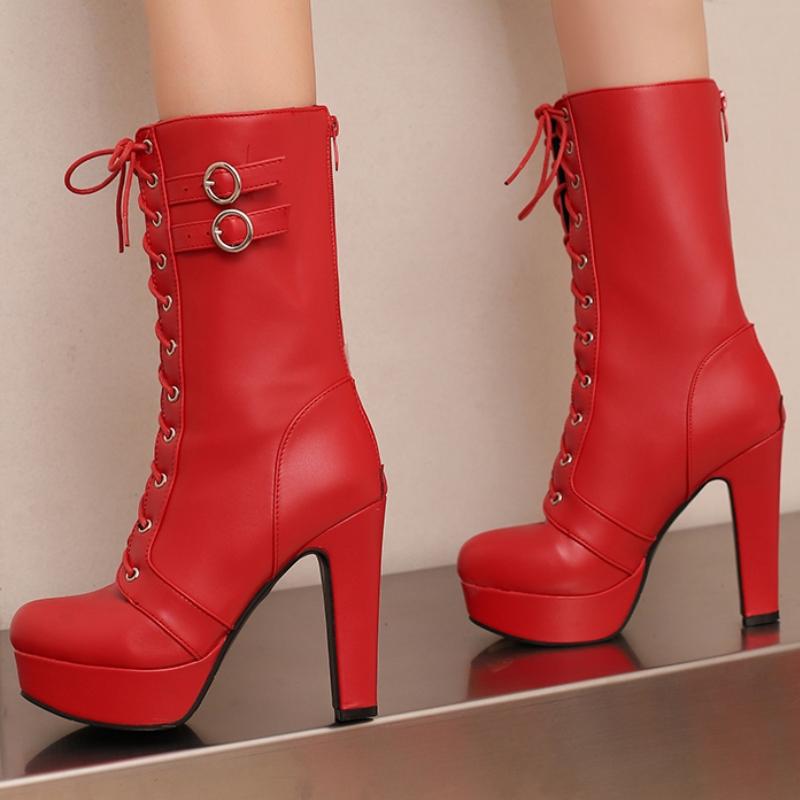 Fashion Women's Mid-calf Boots Autumn Winter Shoes Red White Yellow Short Boot Black Blue Footwear Shoes Ladies Large Size 48 50