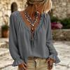 Women's Casual Solid-color Lace-trimmed Ruffled V-neck Bow-front Long-sleeve Blouse